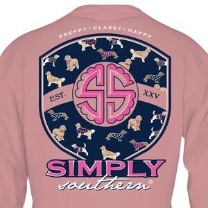 Simply Southern Preppy Puppy Classy Happy Logo Long Sleeve Crepe Tee - Large